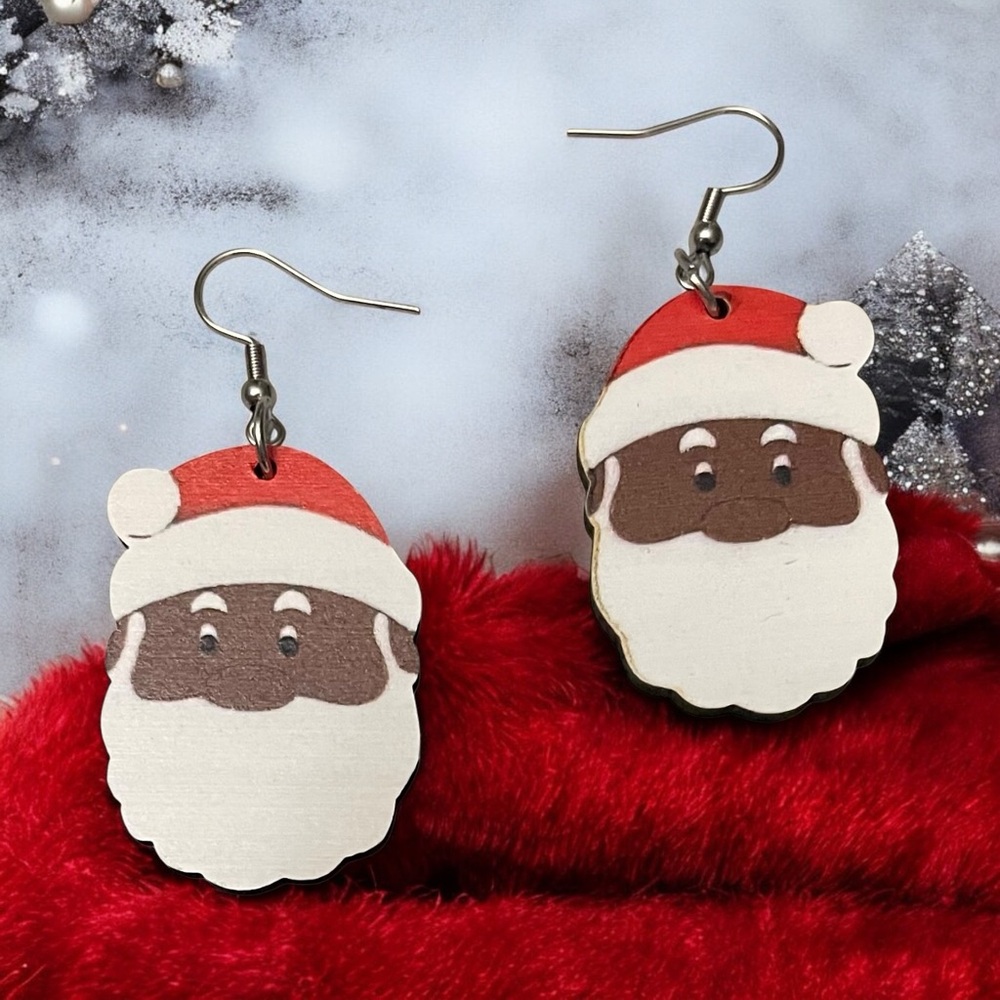 Brown Skin Santa Double Sided Santa Face Christmas Drop Dangle Earrings NWOT
